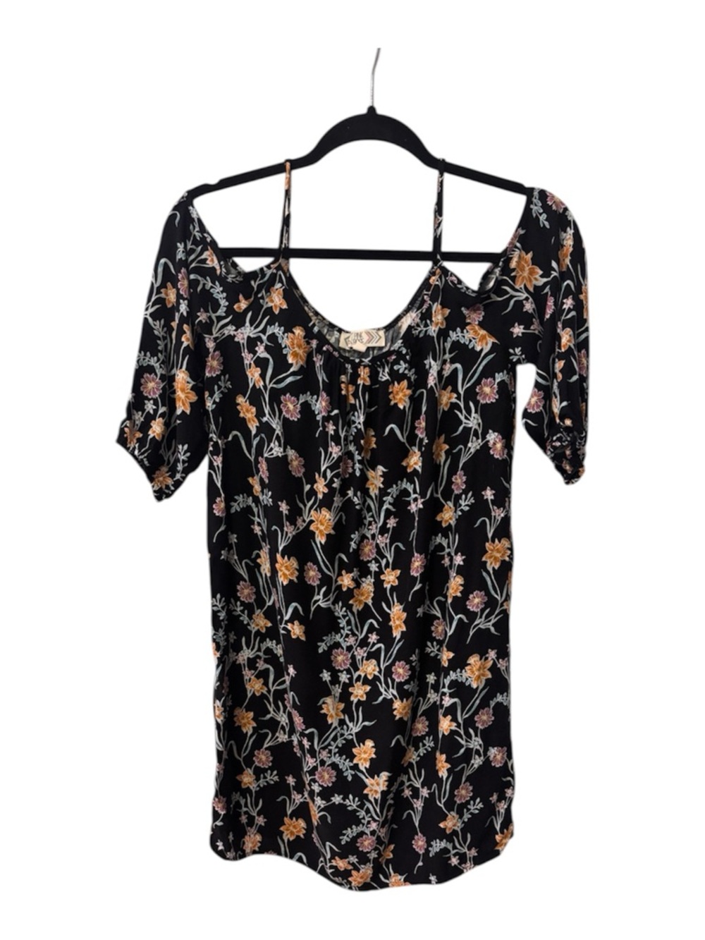Pink Rose Black Cold-Shoulder Floral dress with Spaghetti Straps